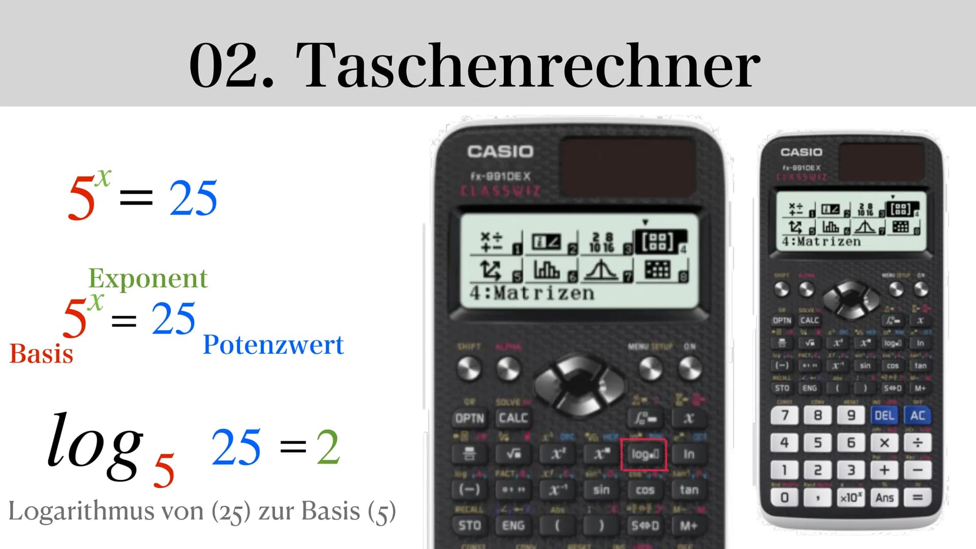 Logarithmus
Dunja & Asrin
Log a b Gliederung
01. Einstieg + Formeln
05. Logarithmus als Funktion
02.
06. Ableiten
03. Beispiel + Aufgaben 07