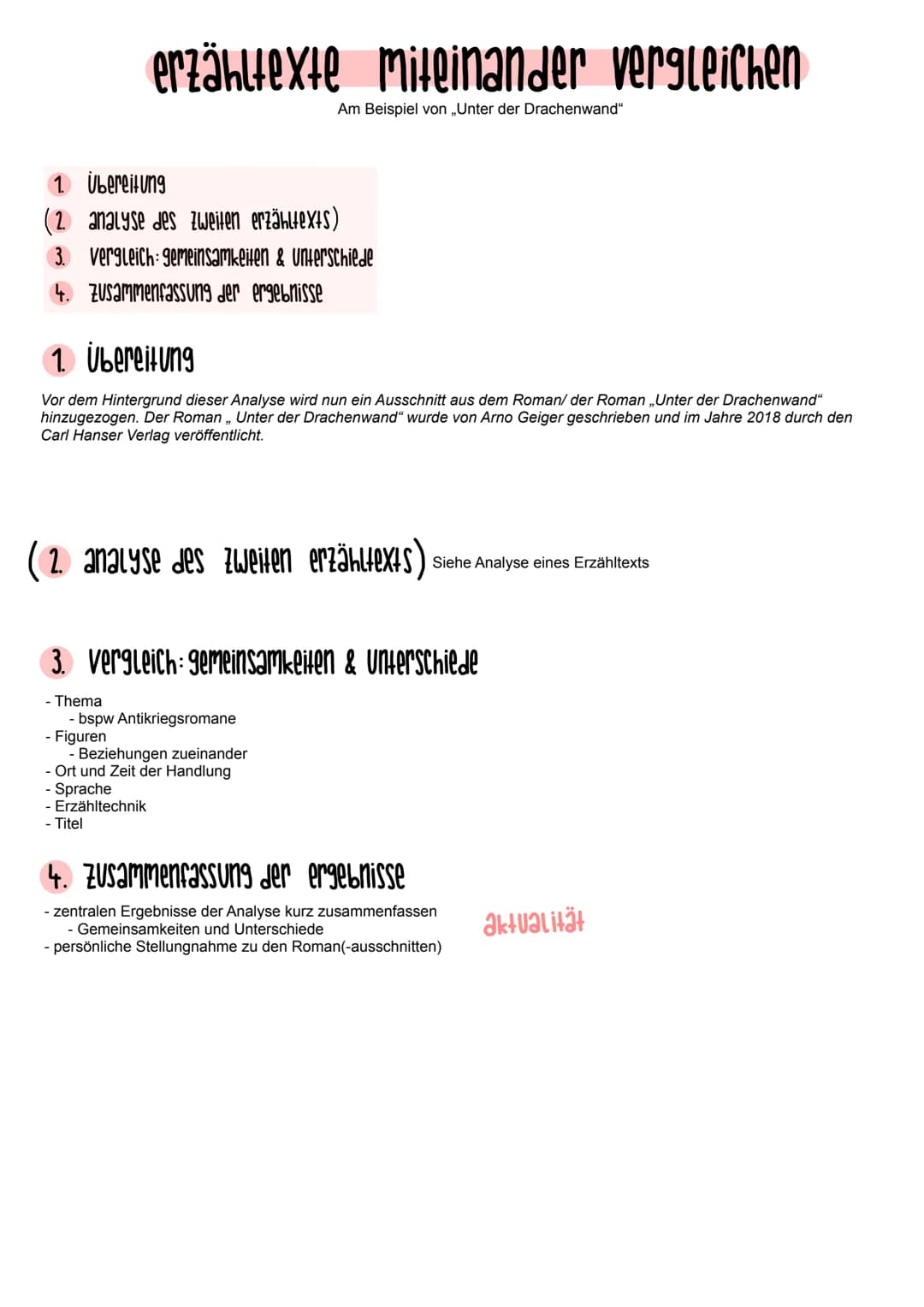 analyse eines erzähltexts
1. einleitung
- Titel, Verfasser, Erscheinungs-/ Entstehungsjahr, Textsorte
- Thema
- zentrale Problematik oder di