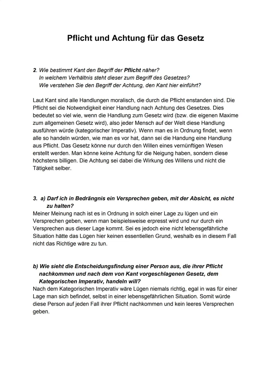 Pflicht und Achtung für das Gesetz
2. Wie bestimmt Kant den Begriff der Pflicht näher?
In welchem Verhältnis steht dieser zum Begriff des Ge