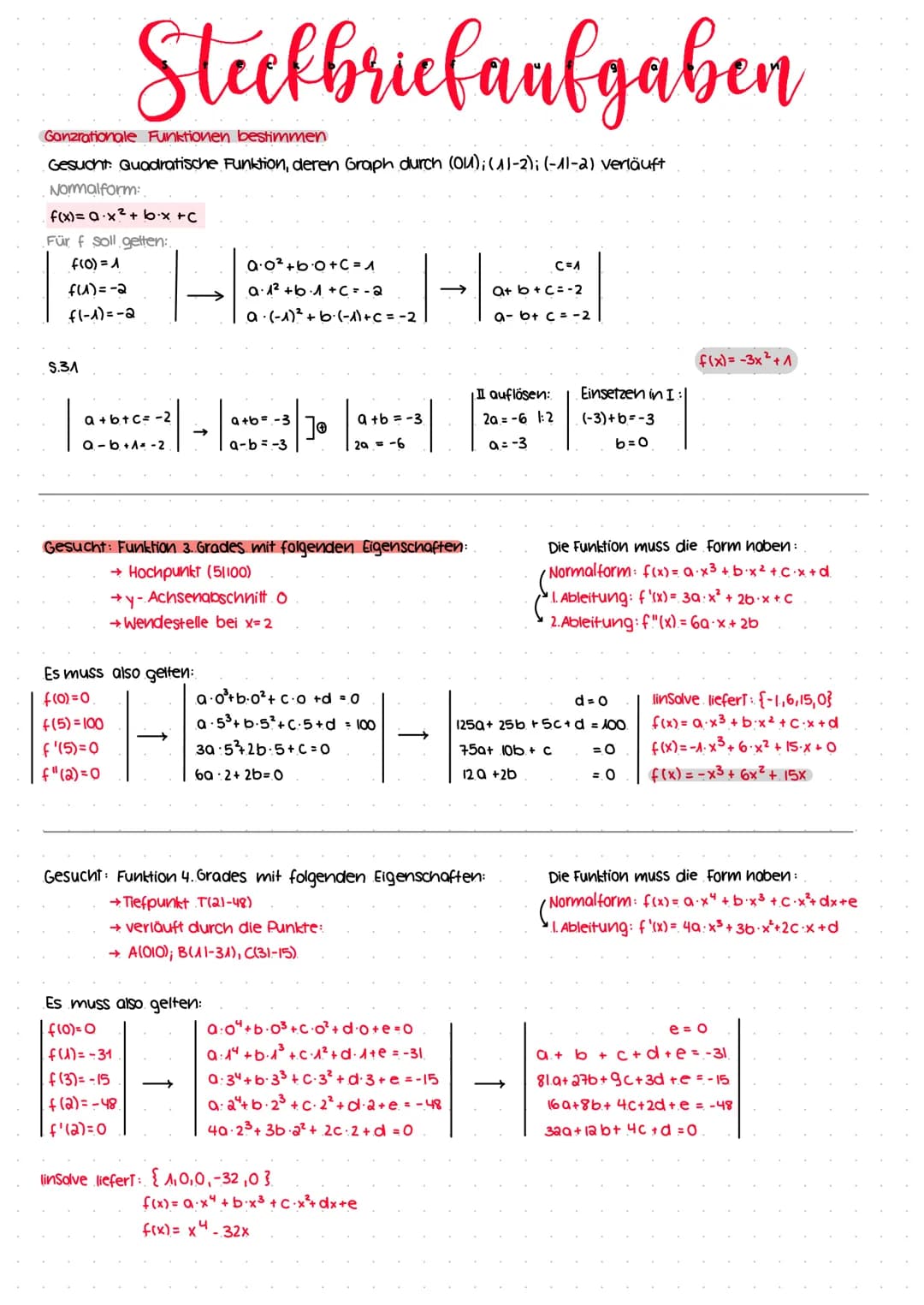 Steekbriefaufgaben
Ganzrationale Funktionen bestimmen
Gesucht: Quadratische Funktion, deren Graph durch (OU); (11-2); (-11-2) verläuft
Norma