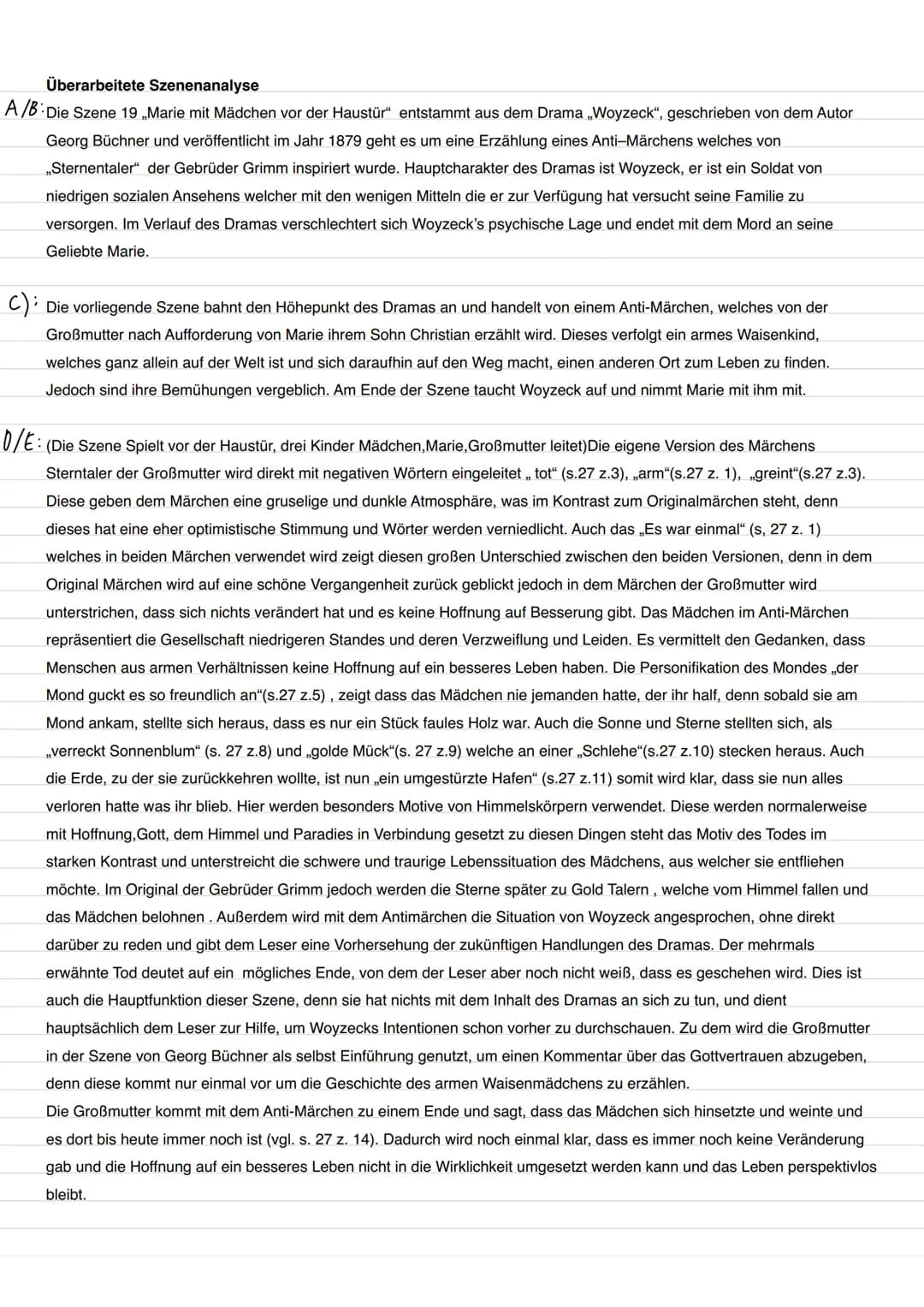 Überarbeitete Szenenanalyse
A/B Die Szene 19 ,Marie mit Mädchen vor der Haustür" entstammt aus dem Drama „Woyzeck", geschrieben von dem Auto