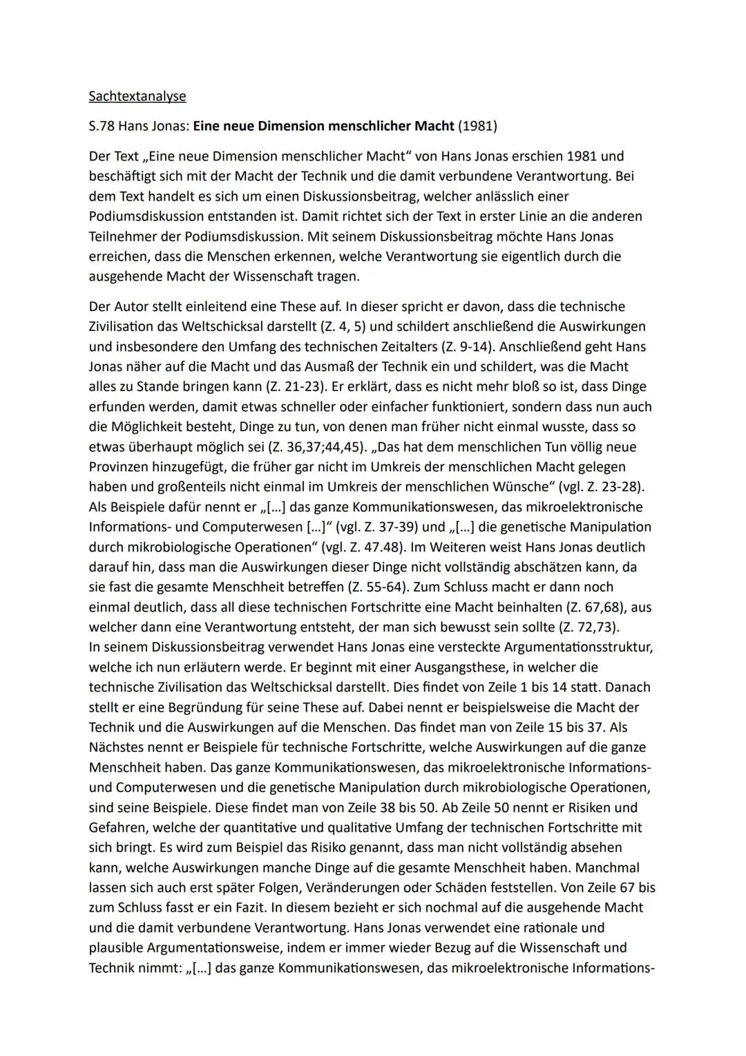 Sachtextanalyse
S.78 Hans Jonas: Eine neue Dimension menschlicher Macht (1981)
Der Text ,,Eine neue Dimension menschlicher Macht" von Hans J