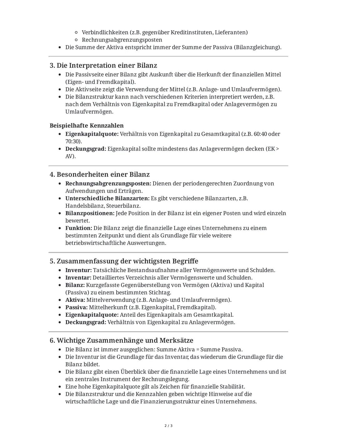 Zusammenfassung: Inventur, Inventar und Bilanz
1. Inventur und Inventar
Inventar
• Das Inventar ist ein Bestandsverzeichnis, das aus drei Te