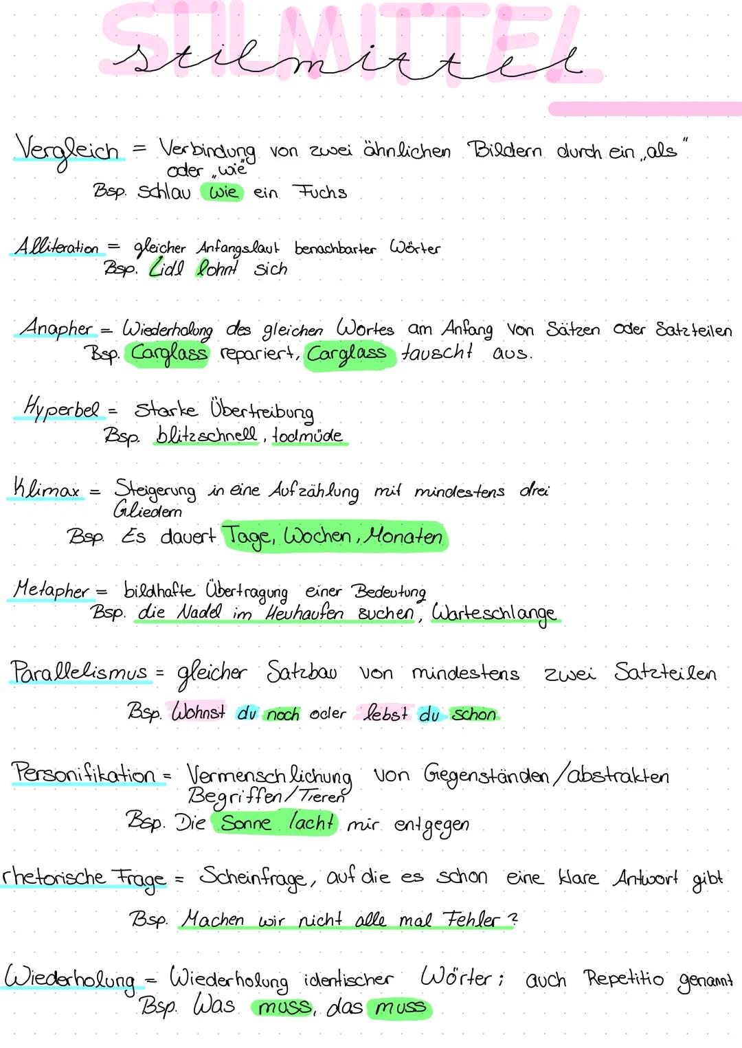 # Stilmittel

Vergleich = Verbindung von zwei ähnlichen Bildern durch ein „als“ oder „wie“
Bsp. Schlau wie ein Fuchs

Alliteration = gleiche