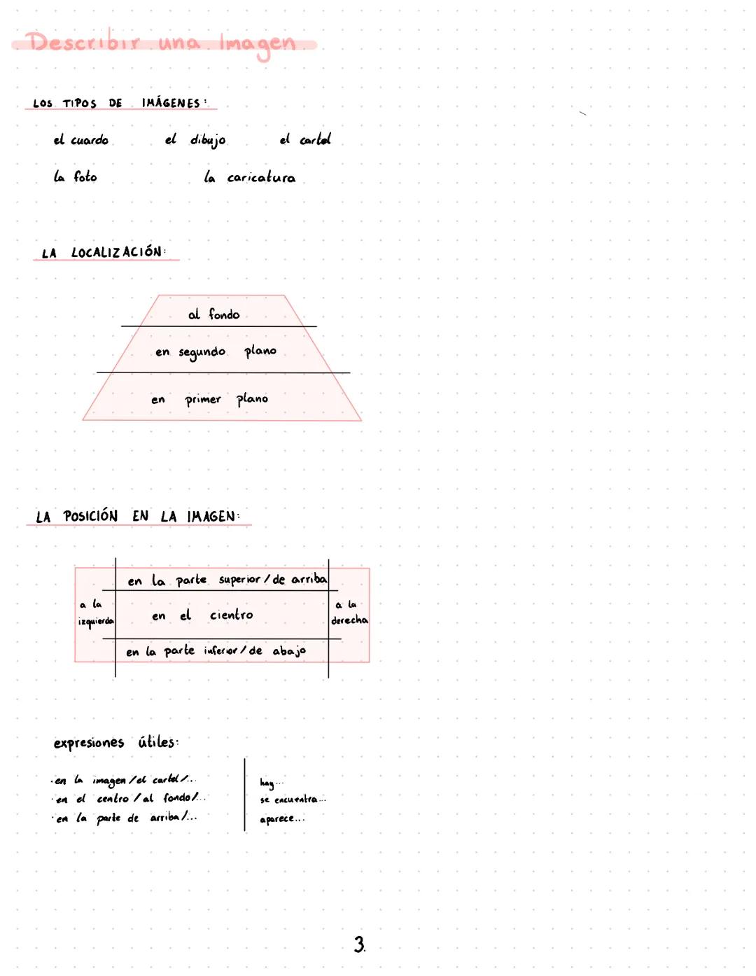Describir una Imagen
LOS TIPOS DE IMÁGENES :
el cuardo
la foto
el dibujo
LA LOCALIZACIÓN:
a la
izquierda
al fondo
en segundo plano
la carica