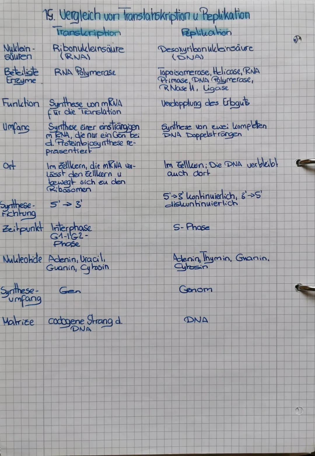 Nuklein-
säuren
Beteiligte RNA Polymerase
Enzyme
19. Vergleich von Translahskription u Replikation
Transkription
Ribonukleinsäure
Funktion S