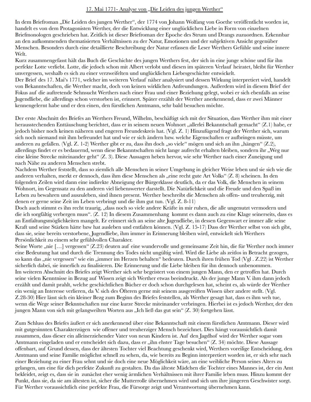 17. Mai 1771- Analyse von „Die Leiden des jungen Werther"
In dem Briefroman ,,Die Leiden des jungen Werther", der 1774 von Johann Wolfang vo