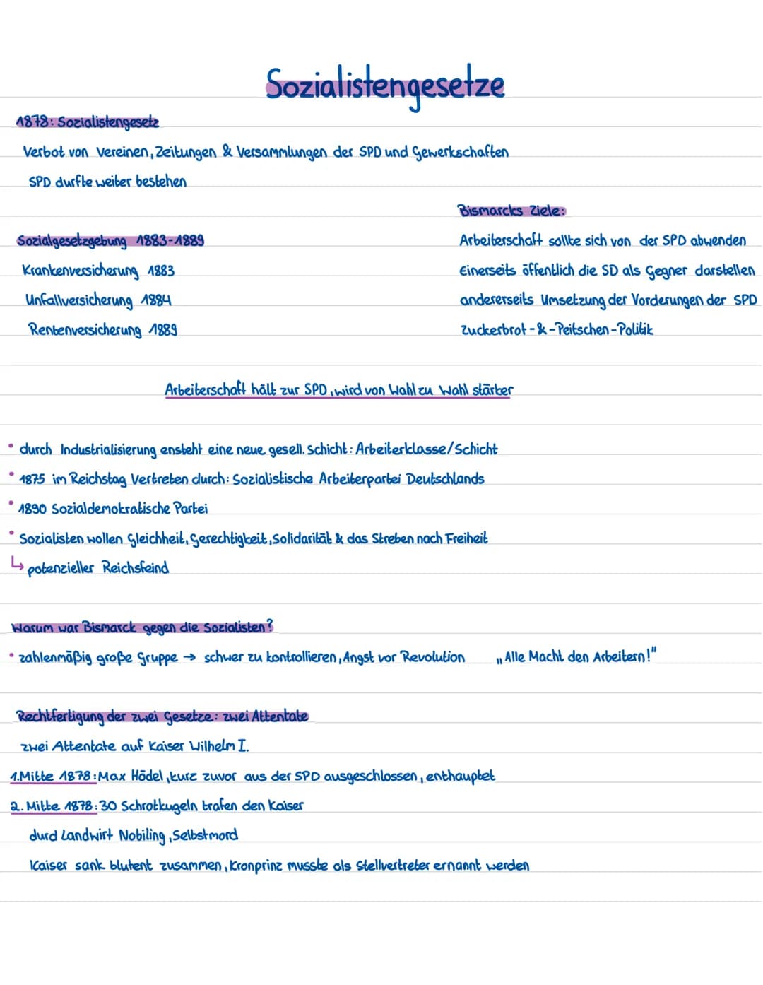 ●
Sozialistengesetze
1878: Sozialistengesetz
Verbot von Vereinen, Zeitungen & Versammlungen der SPD und Gewerkschaften
SPD durfte weiter bes