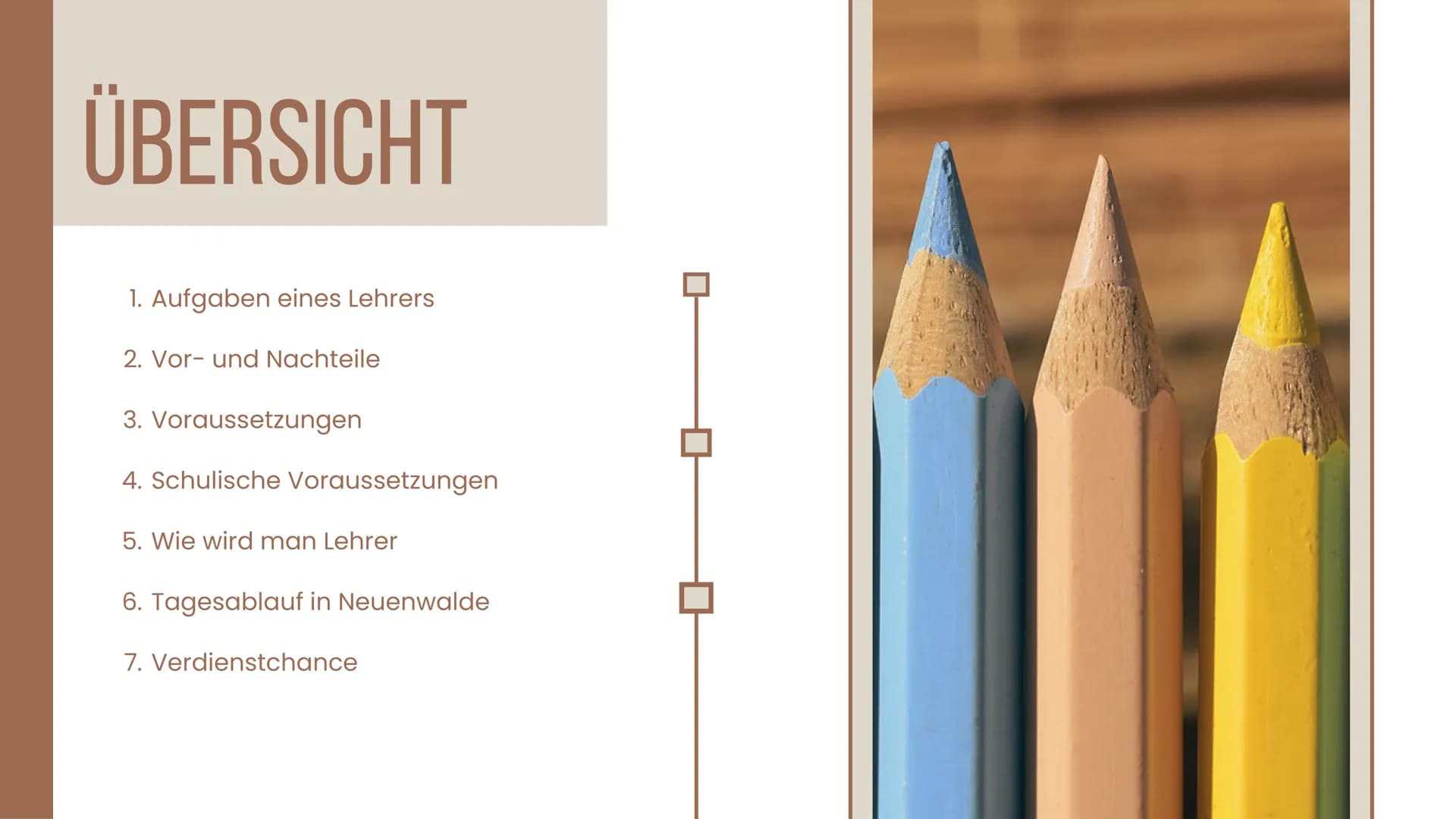 Beruf der
GRUNDSCHULLEHRERIN
(Lehrkraft) ÜBERSICHT
1. Aufgaben eines Lehrers
2. Vor- und Nachteile
3. Voraussetzungen
4. Schulische Vorausse