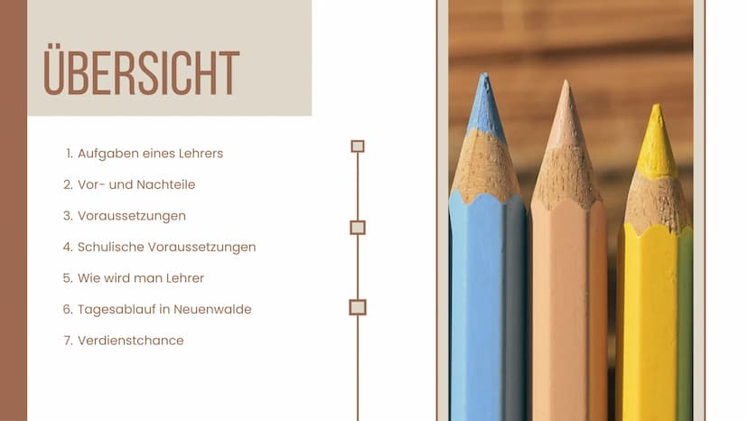 Beruf der
GRUNDSCHULLEHRERIN
(Lehrkraft) ÜBERSICHT
1. Aufgaben eines Lehrers
2. Vor- und Nachteile
3. Voraussetzungen
4. Schulische Vorausse