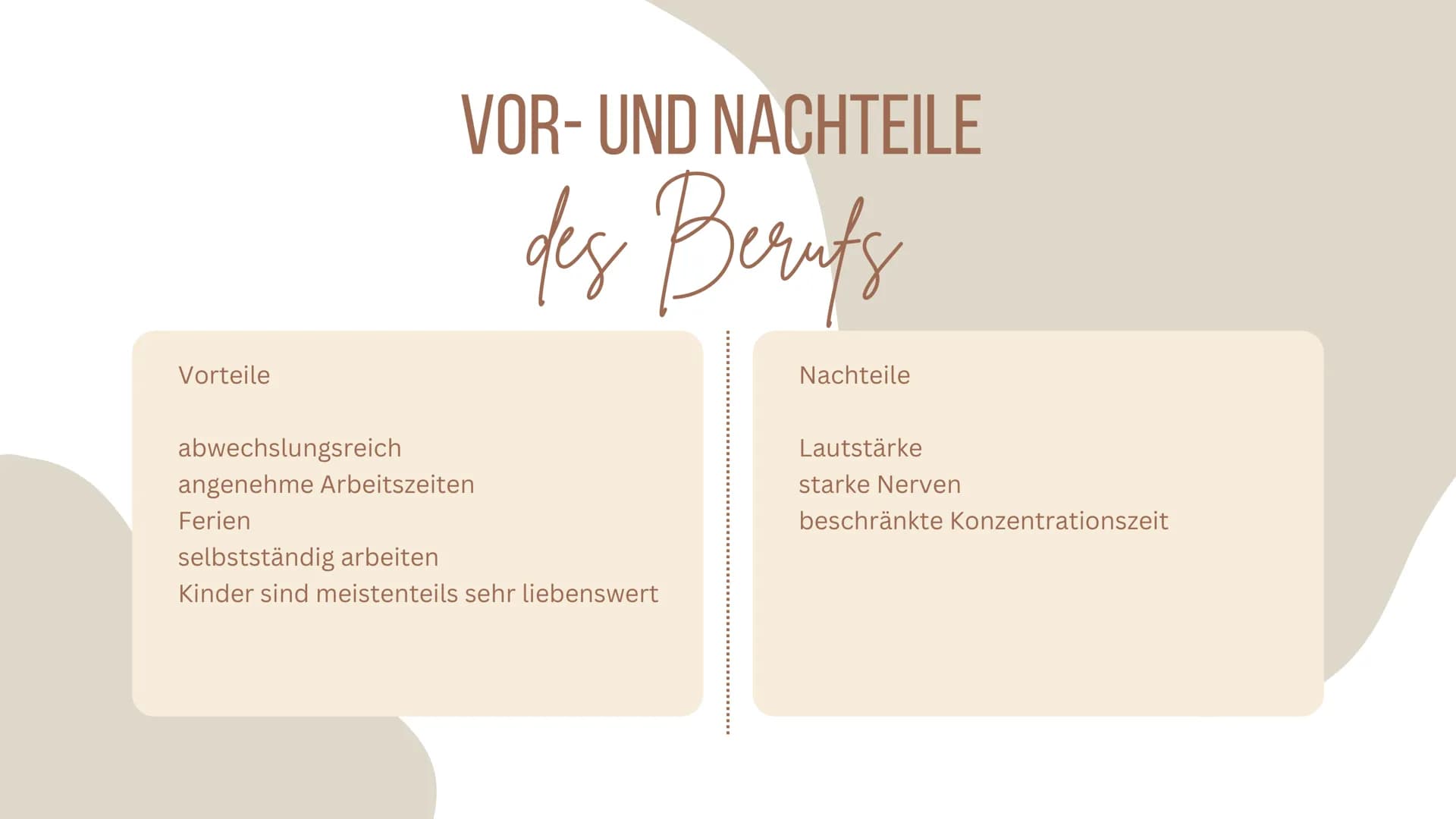 Beruf der
GRUNDSCHULLEHRERIN
(Lehrkraft) ÜBERSICHT
1. Aufgaben eines Lehrers
2. Vor- und Nachteile
3. Voraussetzungen
4. Schulische Vorausse