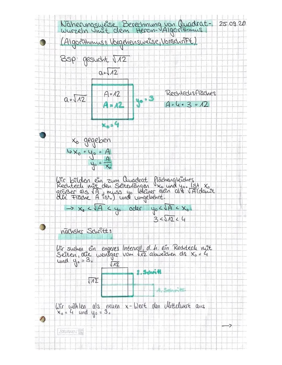 Näherungsweise Berechnung von Quadrat- 25.09.20
wurzeln mit dem Heron- Algorithmus
(Algorithmus & Vorgehensweise, Vorschrift)
Bsp: gesucht √