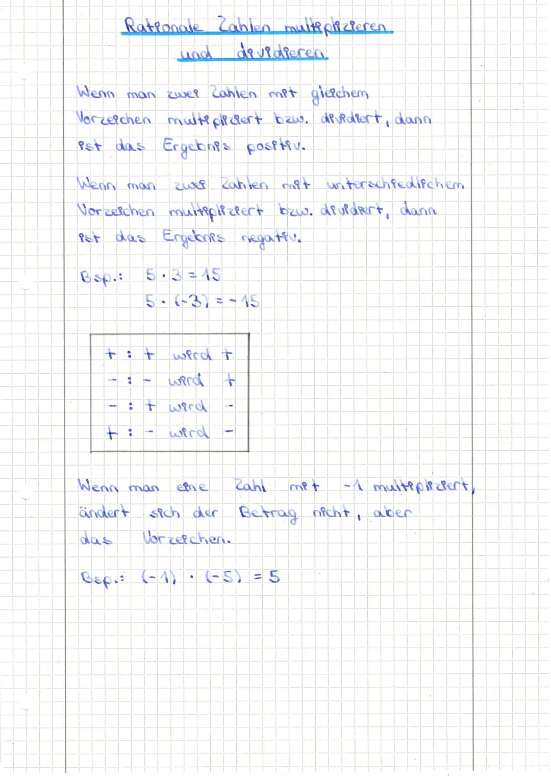 Rationale Zahlen multiplizieren.
und dividieren
Wenn man zwei Zahlen mit gleichem
Vorzeichen multiplicpert bzw. dividiert, dann
ist das Erge