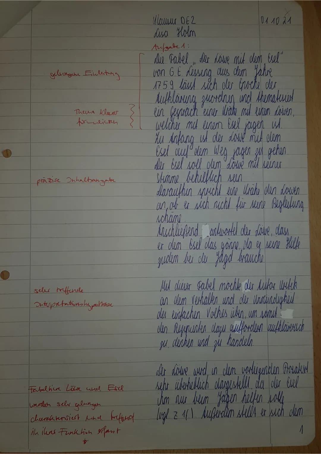 Name:Lisa Holm
DE2/Sz
Klausur Nr.1 - Literatur und Sprache um 1800
Aufgabenstellung:
1. Analysieren und Interpretieren Sie die Fabel.
G.E. L