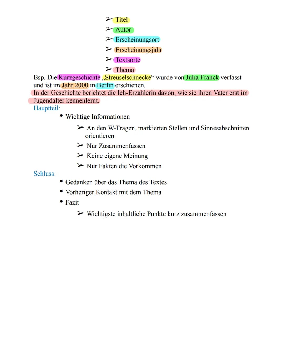 Bei einer Zusammenfassung fasst man den Inhalt eines Textes zusammen
• Man geht nur auf die wichtigsten Informationen eines Textes ein
• Unn