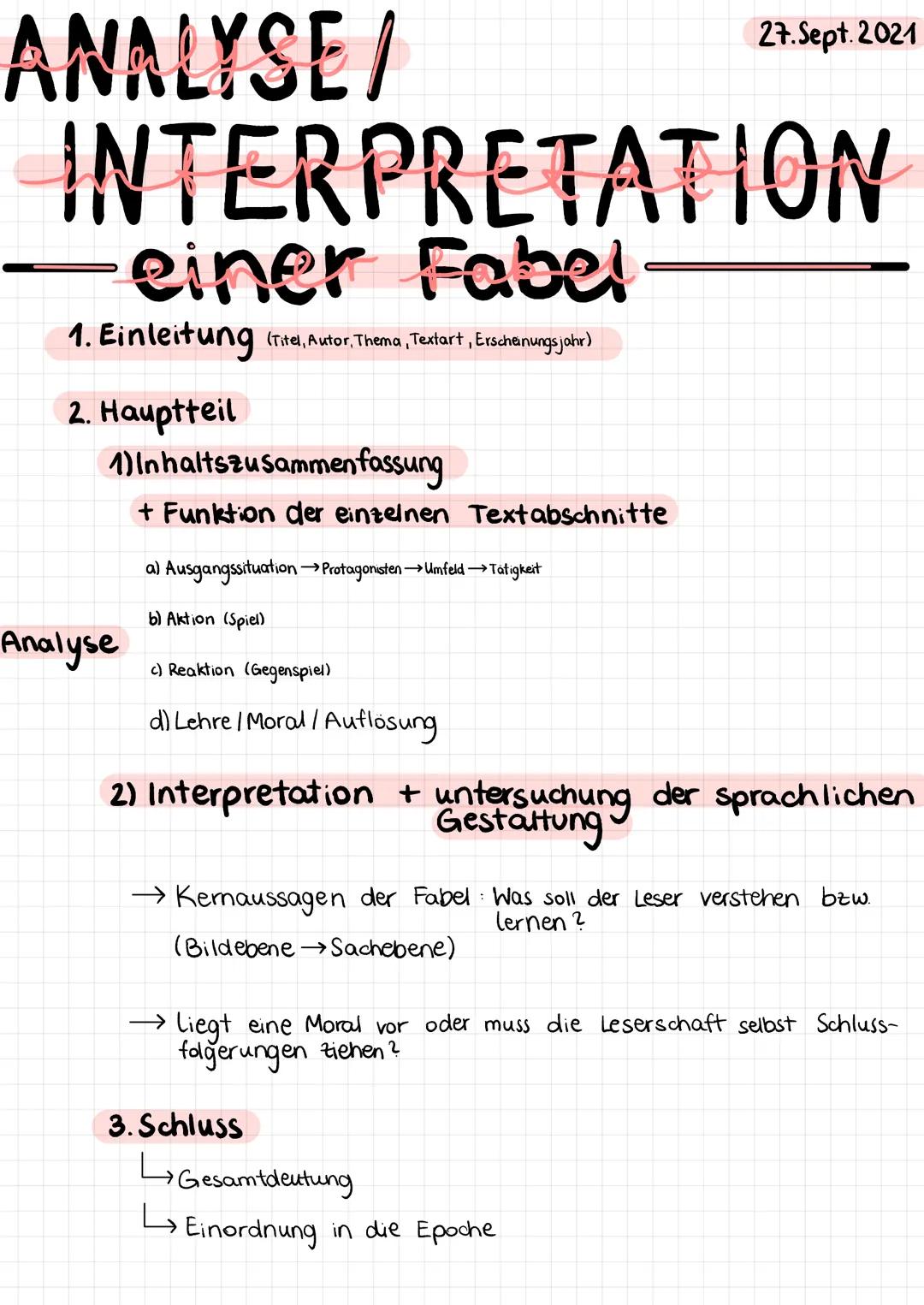 ANALYSE/
INTERPRETATION
einer Fabe!
1. Einleitung (Titel, Autor, Thema, Textart, Erscheinungsjahr)
2. Hauptteil
1)Inhaltszusammenfassung
+ F