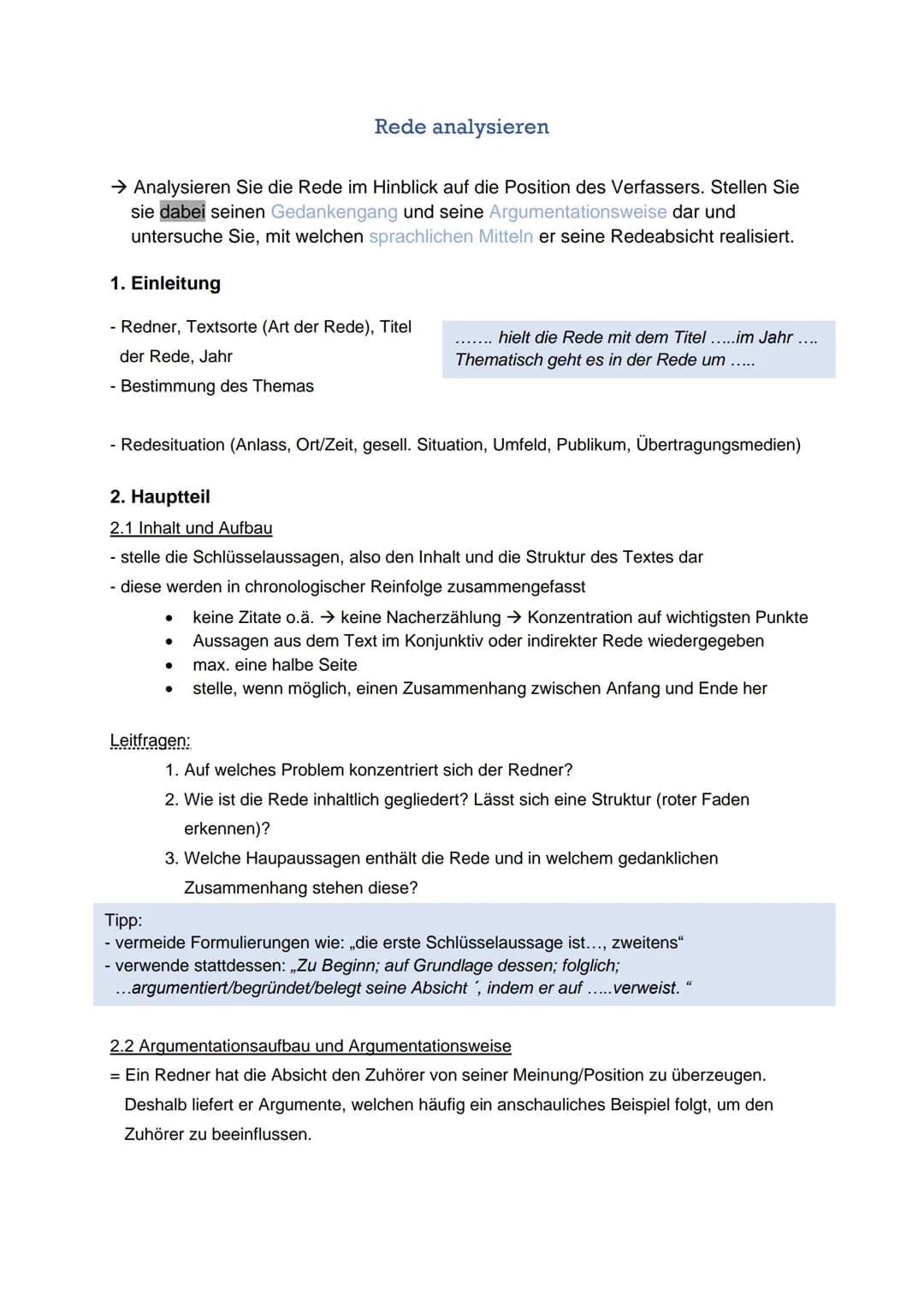 → Analysieren Sie die Rede im Hinblick auf die Position des Verfassers. Stellen Sie
sie dabei seinen Gedankengang und seine Argumentationswe