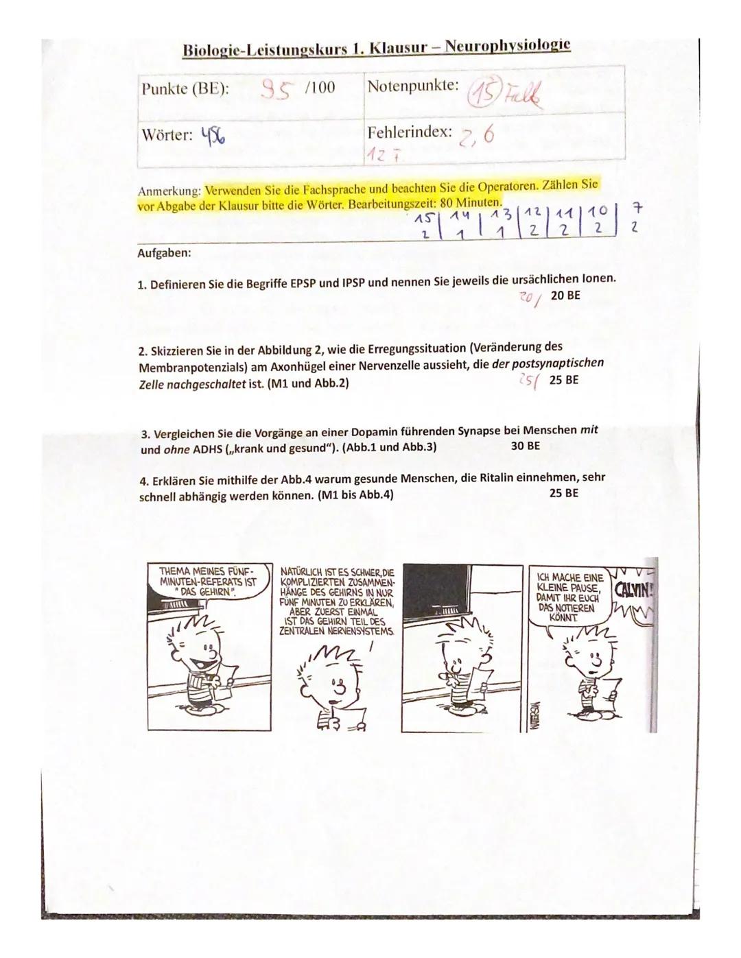 Biologie-Leistungskurs 1. Klausur - Neurophysiologie
Notenpunkte: Falk
Punkte (BE): 95 /100
Wörter:
Fehlerindex:
12 7
2,
Anmerkung: Verwende