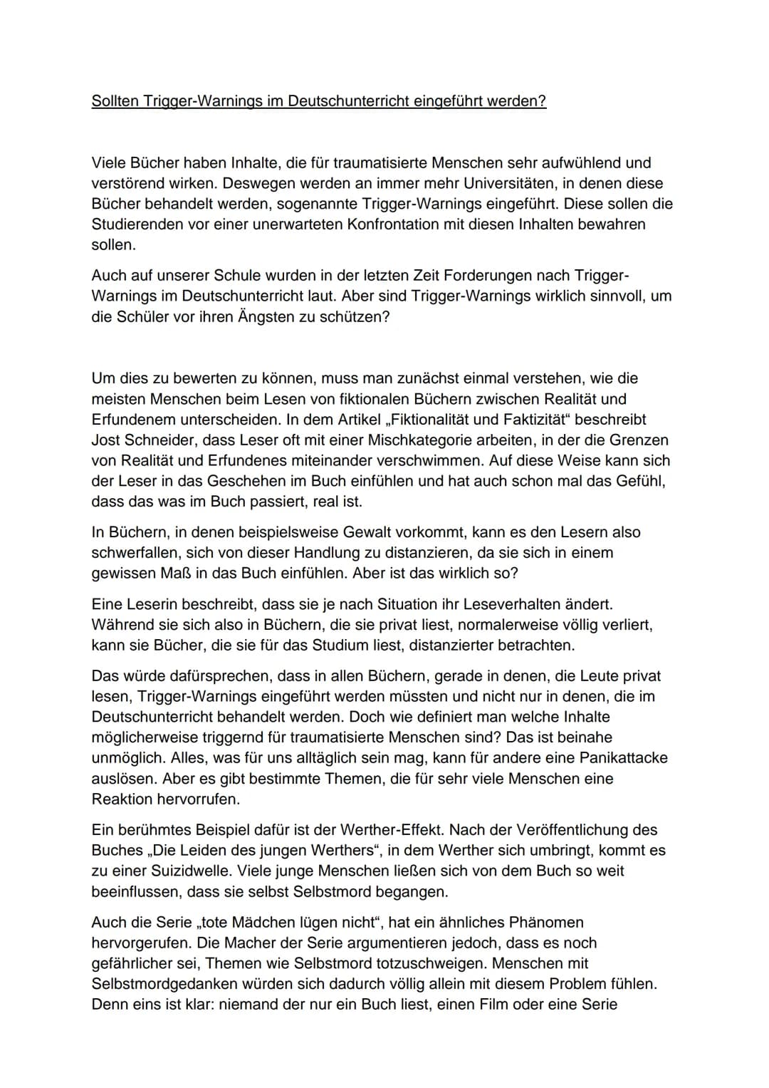 Sollten Trigger-Warnings im Deutschunterricht eingeführt werden?
Viele Bücher haben Inhalte, die für traumatisierte Menschen sehr aufwühlend