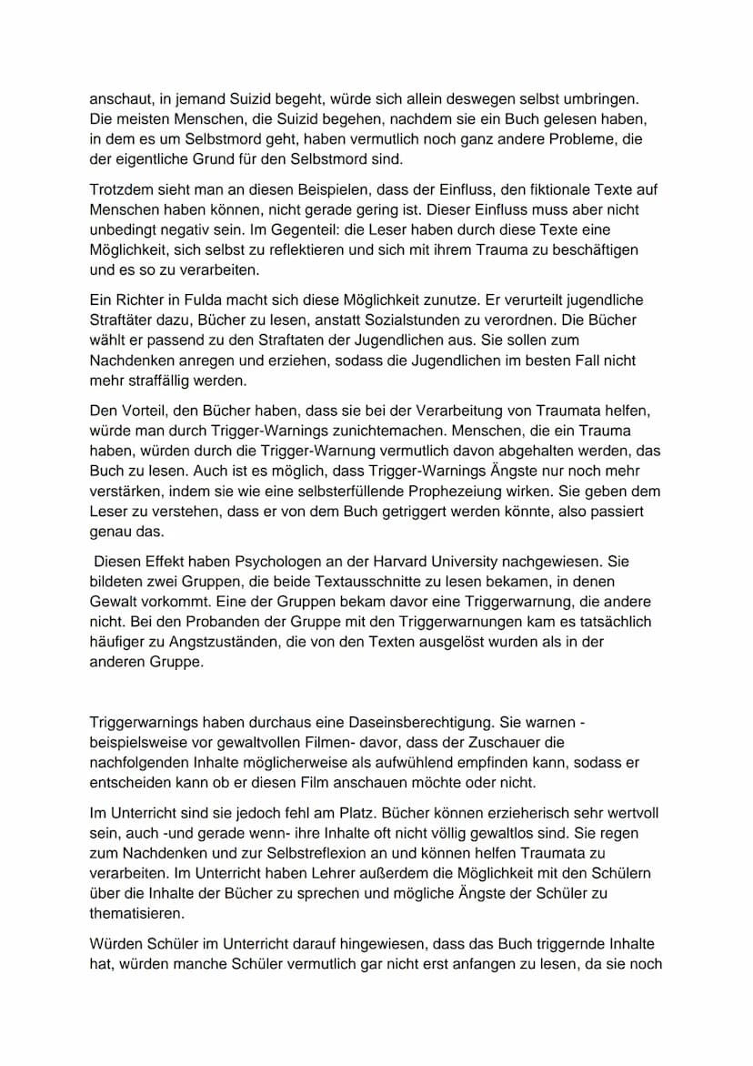 Sollten Trigger-Warnings im Deutschunterricht eingeführt werden?
Viele Bücher haben Inhalte, die für traumatisierte Menschen sehr aufwühlend
