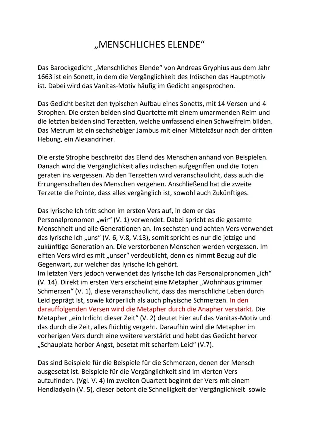 ,,MENSCHLICHES ELENDE"
Das Barockgedicht ,,Menschliches Elende" von Andreas Gryphius aus dem Jahr
1663 ist ein Sonett, in dem die Vergänglic