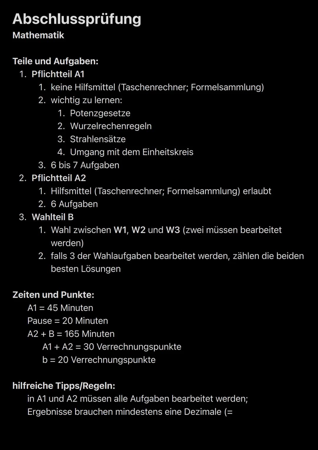 Abschlussprüfung
Mathematik
Teile und Aufgaben:
1. Pflichtteil A1
1. keine Hilfsmittel (Taschenrechner; Formelsammlung)
2. wichtig zu lernen