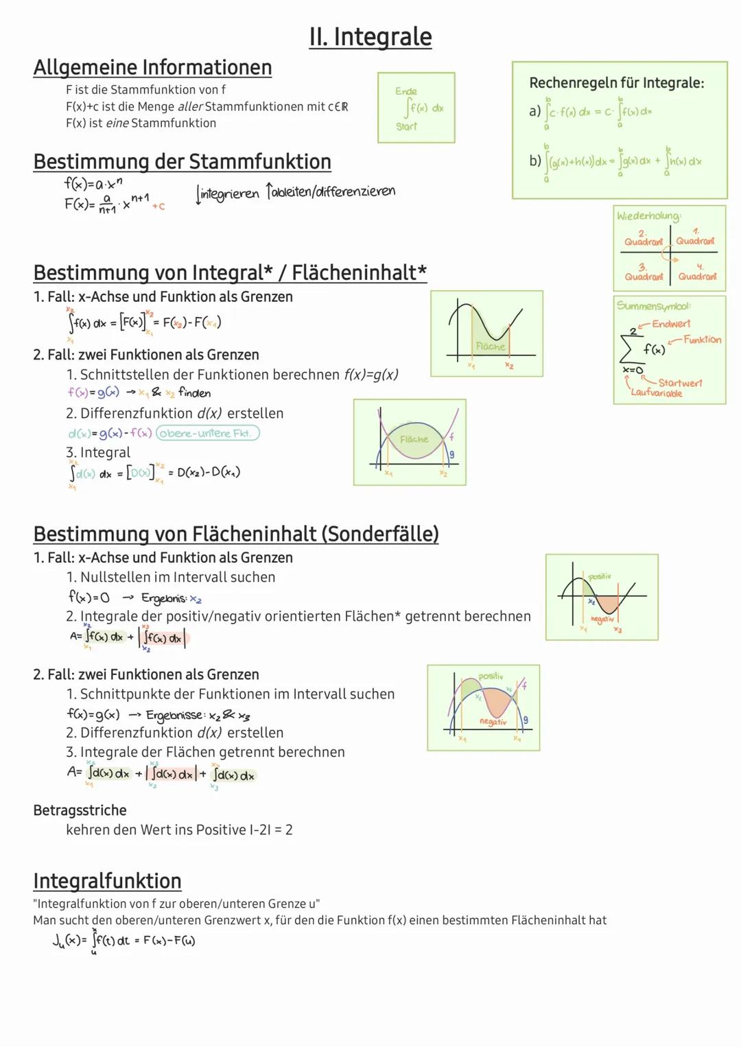 # Allgemeine Informationen
II. Integrale
Fist die Stammfunktion von f
F(x)+c ist die Menge aller Stammfunktionen mit CER
F(x) ist eine Stamm