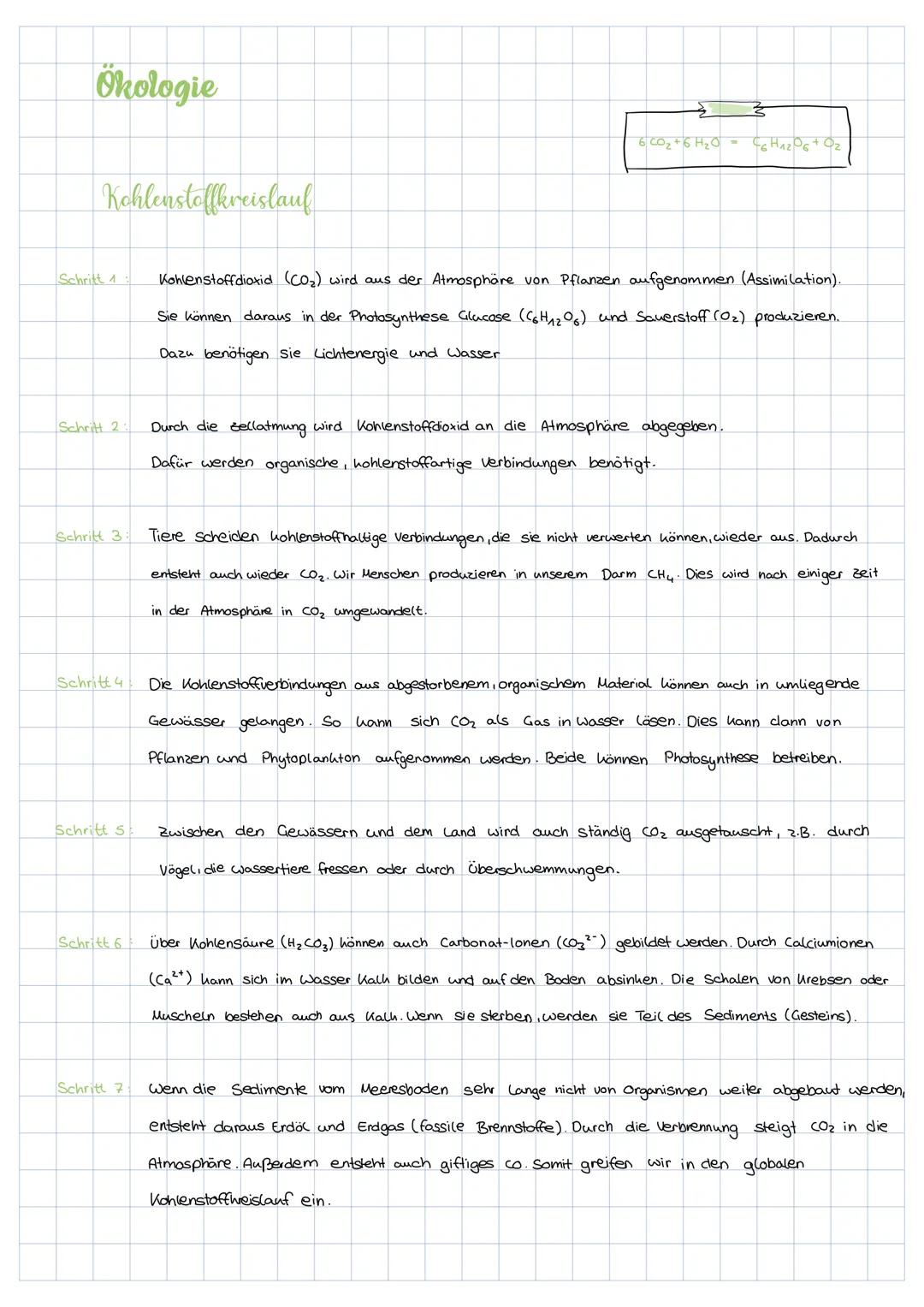 # Ökologie

Kohlenstoffkreislauf

Schritt 1

$6CO_2 + 6H_2O \rightleftharpoons C_6H_{12}O_6 + O_2$

Kohlenstoffdioxid (CO₂) wird aus der Atm