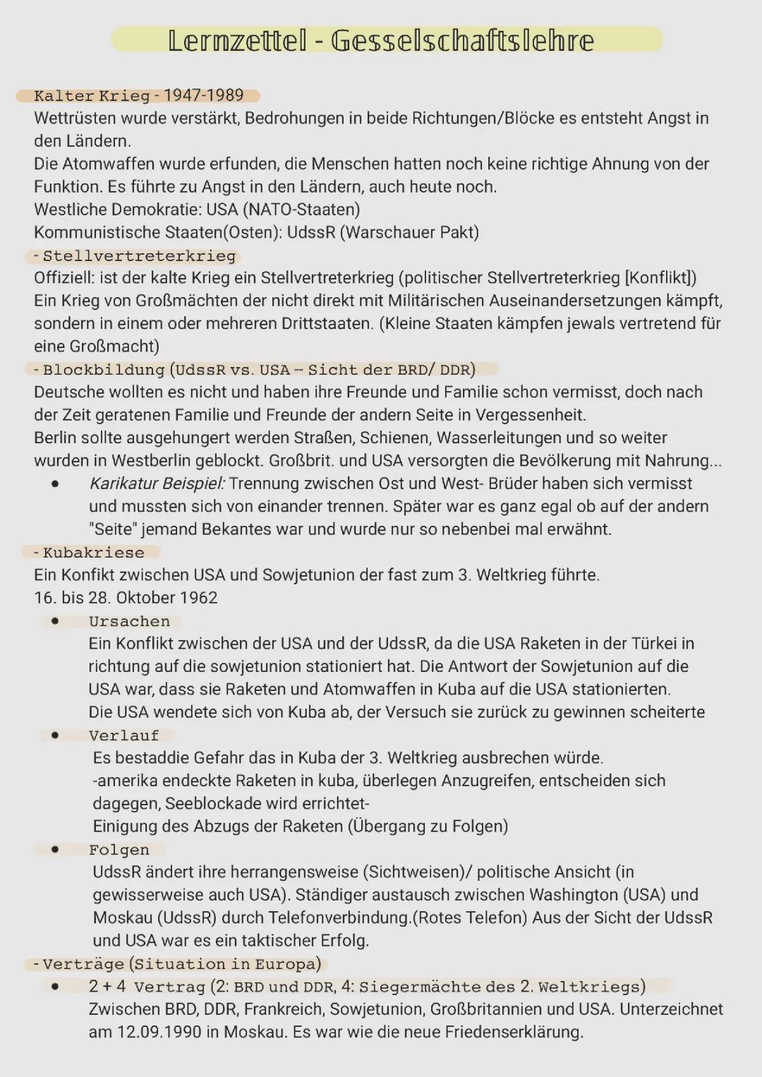 Quellen und Zusammenfassung zum Kalten Krieg - Kostenlose PDF-Zusammenfassung für Klausuren!