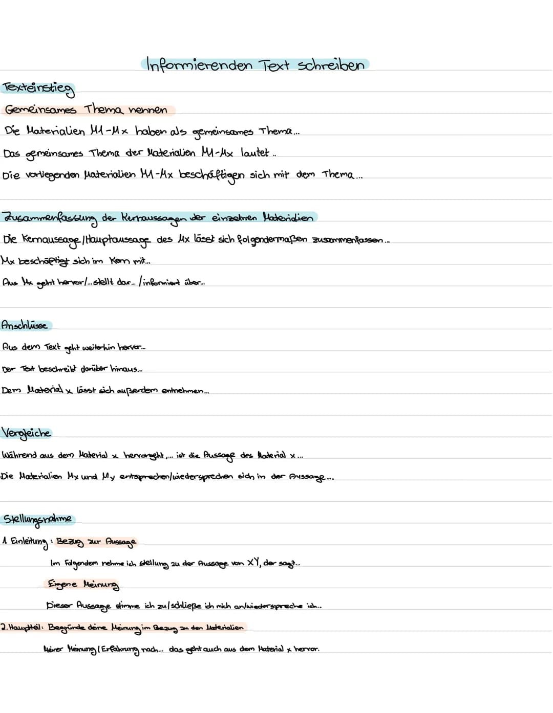 Informierenden Text schreiben.
Texteinstieg
Gemeinsames Thema nennen.
Die Materialien M1-Mx haben als gemeinsames Thema.....
Das gemeinsames