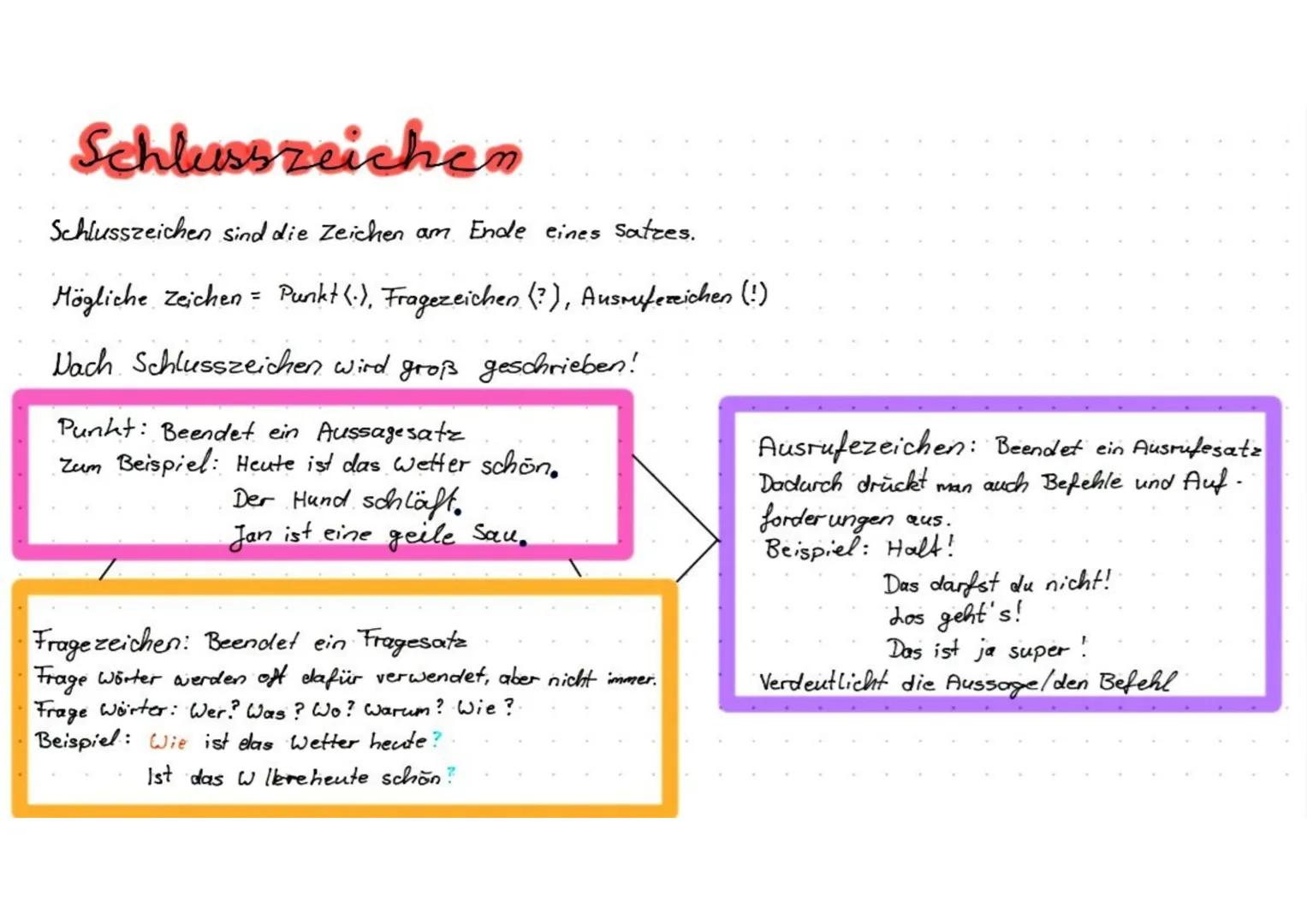 # Schlusszeichen

Schlusszeichen sind die Zeichen am Ende eines Satzes.
Mögliche Zeichen = Punkt (.), Fragezeichen (?), Ausrufezeichen (!)

