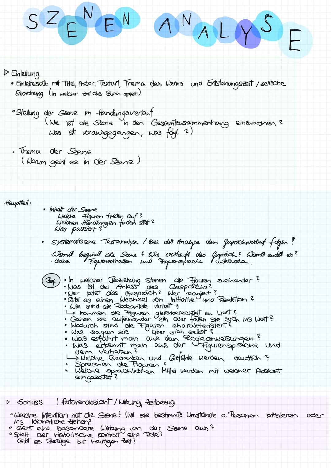 SZENEN ANALYSE

▷ Einleitung
• Einleitesatt mit Titel, Autor, Textart, Thema des Wertes und Entstehungszeit/zeitliche
Einordnung (in welcher