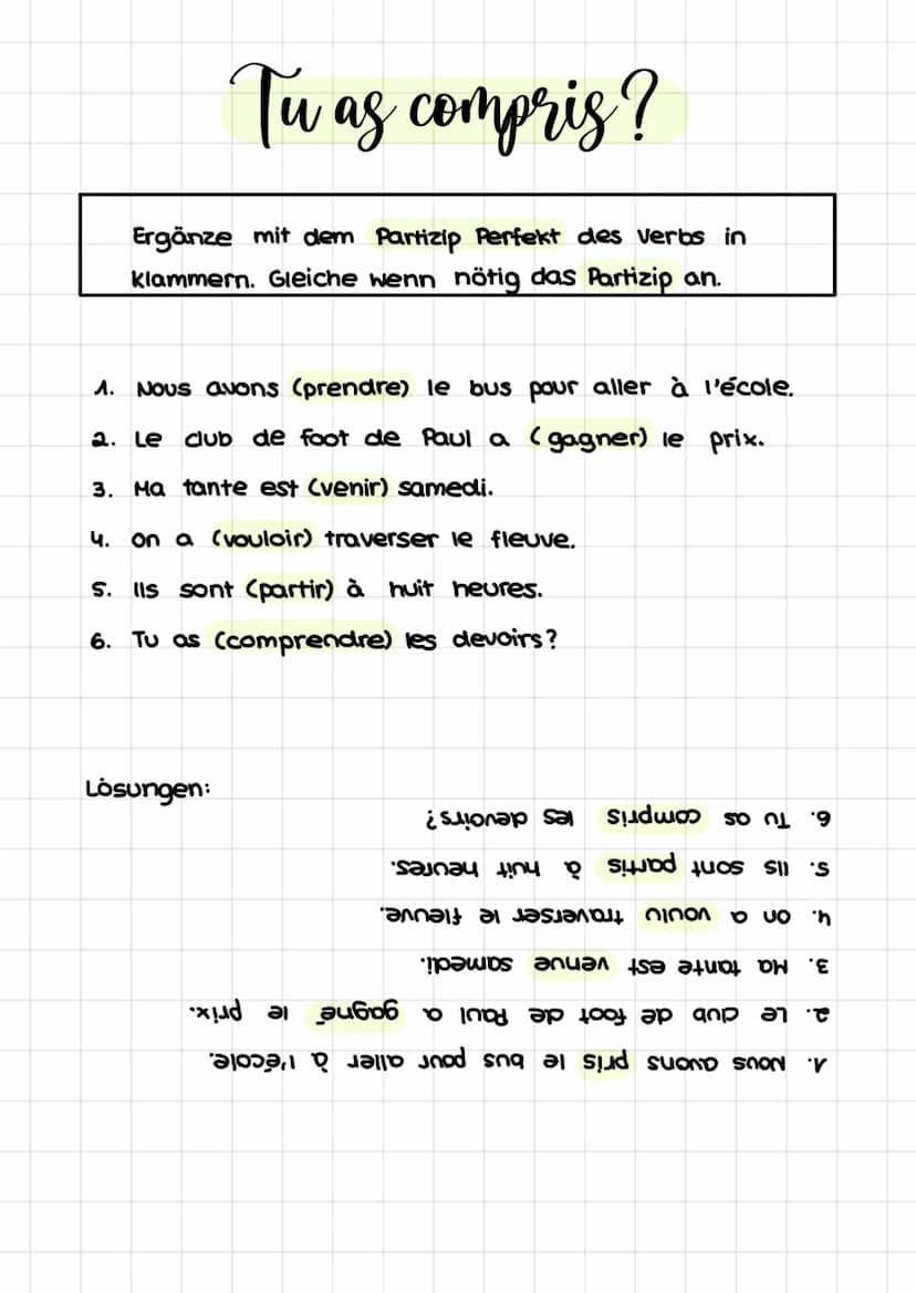 alle verben auf -er
jouer → joué
rester → resté
gagner →
gagne
acheter acheté
allé
aller
Unregelmäßige Partizipien
être →été
avoir -eu
faire