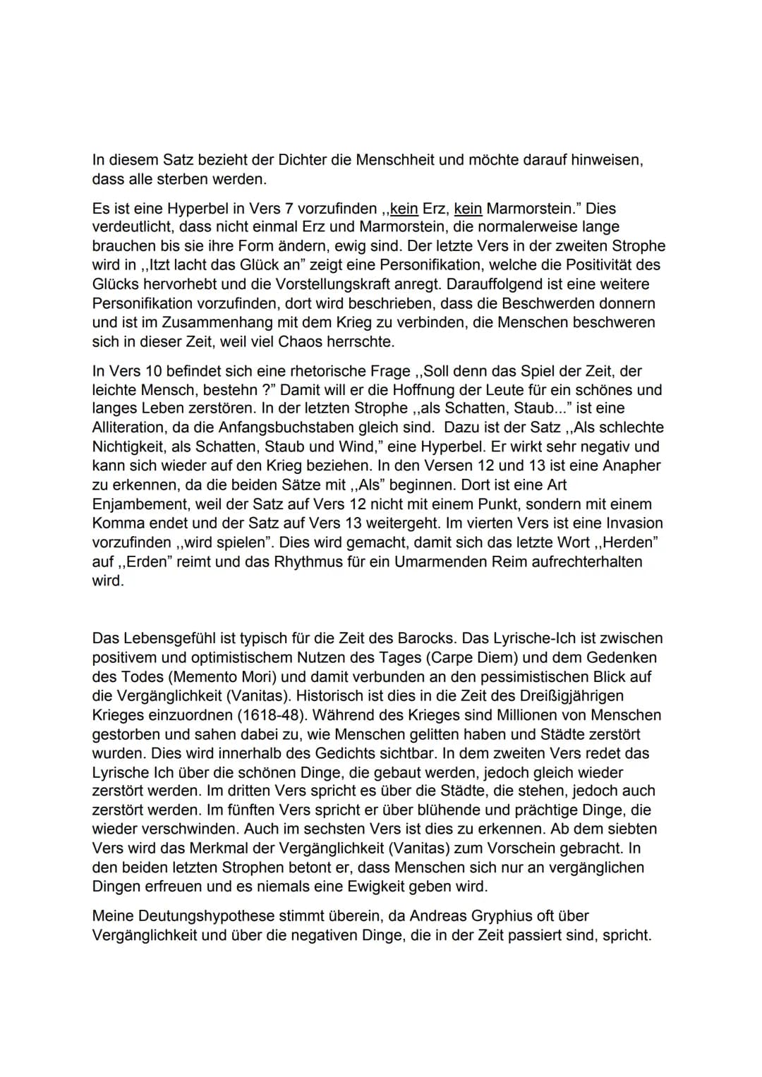 Gedichtanalyse: ,,Es ist alles eitel"
In dem Gedicht,, Es ist alles eitel" von Andreas Gryphius, welches ca. Im Jahr 1637 verfasst
wurde, th