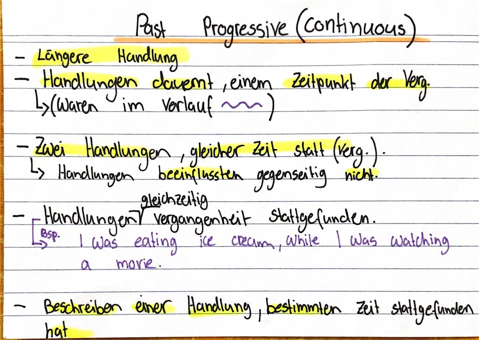 1
Past Progressive (continuous)
Längere Handlung
Handlungen clavent, einem Zeitpunkt der Verg.
Ly (waren im Vorlauf m)
-Zwei Handlungen, gle