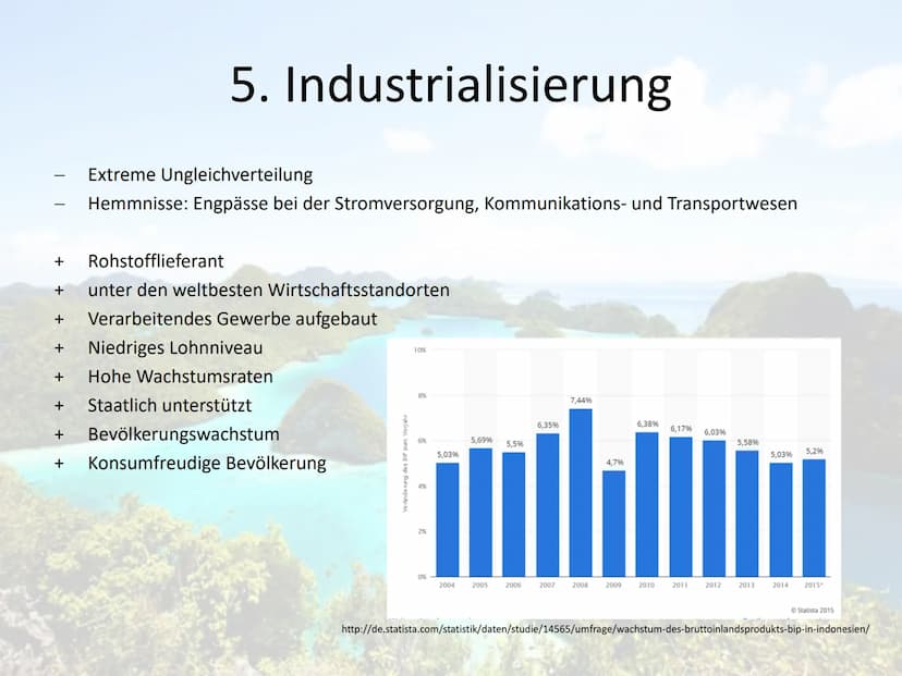Indonesien
Ein Entwicklungsland? 1. Allgemein
2. Naturpotential
3. Landwirtschaft
Gliederung
4. Transmigrasi
5. Industrialisierung
6. 5 Welt