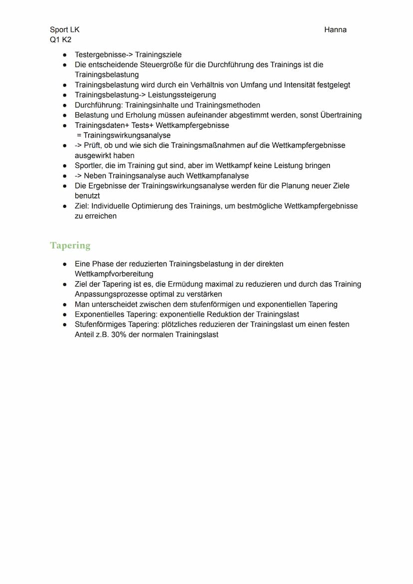 Sport LK
Q1 K2
Sport LK- Sportmotorische Diagnostik, Trainingssteuerung, Tapering,
Konditionelle Fähigkeiten, Trainierbarkeit, Trainingsmeth