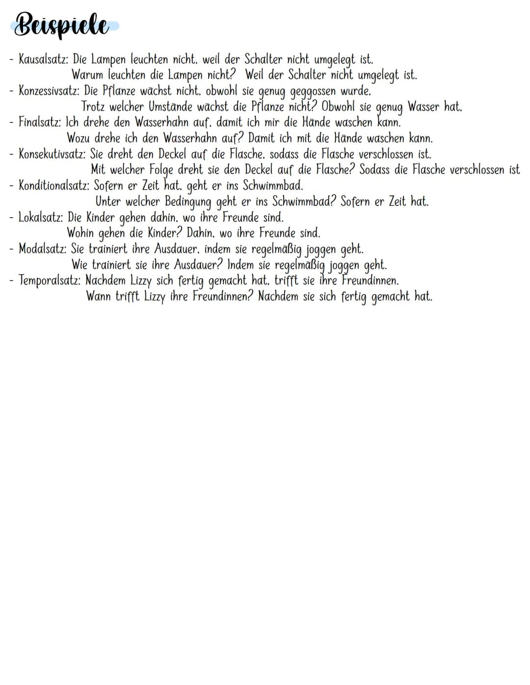 Adverbialsätze
Adverbialsätze sind Glied-/Nebensätze und ersetzen adverbiale Bestimmungen. Sie drücken genauere
Umstände eines Geschehens au