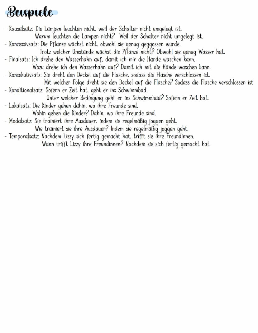 Adverbialsätze
Adverbialsätze sind Glied-/Nebensätze und ersetzen adverbiale Bestimmungen. Sie drücken genauere
Umstände eines Geschehens au