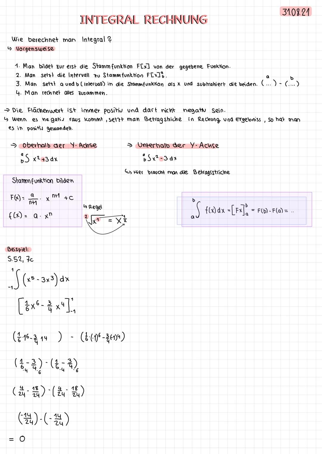 Wie berechnet man Integral ?
↳ Vorgensweise
1. Man bildet zur erst die Stamm funktion F[x] von der gegebene Funktion.
2. Man setzt die Inter