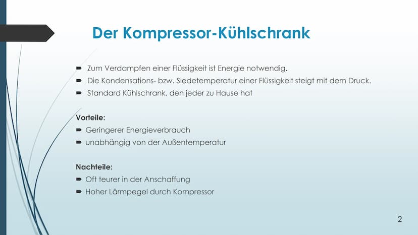 Der Kühlschrank Gliederung:
1.0 - Kompressor-Kühlschrank
1.1- Aufbau
1.2 - Grundprinzipien
1.3 - Funktion
2.0 - Absorber Kühlschrank
Zusamme