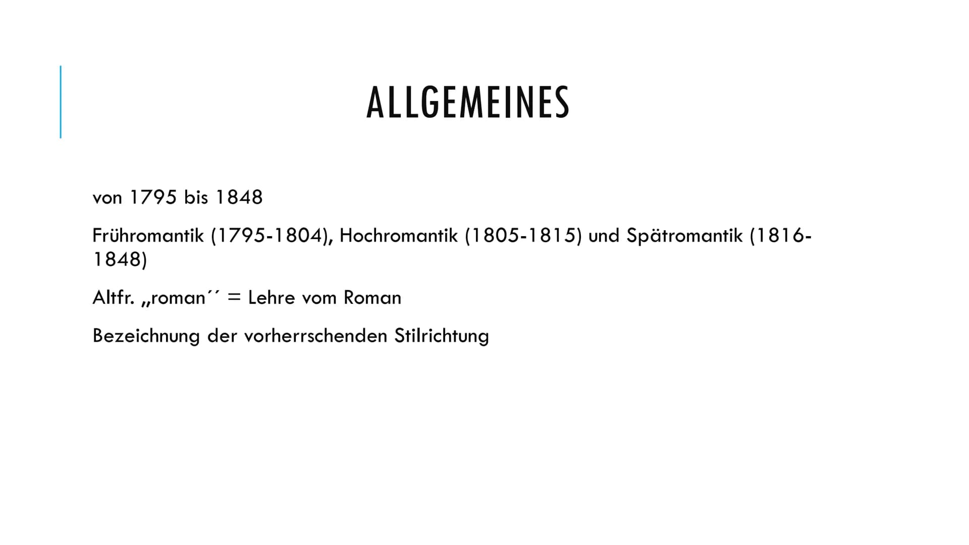 
<p>Die Romantik Epoche erstreckt sich von 1795 bis 1848 und lässt sich in Frühromantik (1795-1804), Hochromantik (1805-1815) und Spätromant