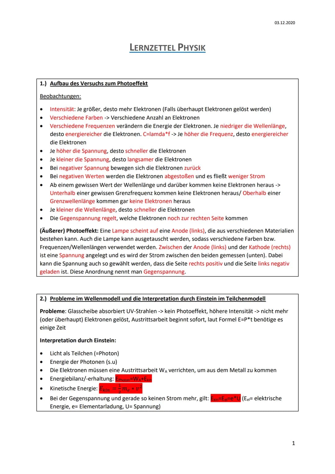 1.) Aufbau des Versuchs zum Photoeffekt
Beobachtungen:
Intensität: Je größer, desto mehr Elektronen (Falls überhaupt Elektronen gelöst werde