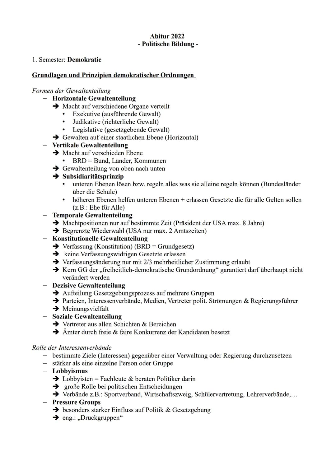 1. Semester: Demokratie
Grundlagen und Prinzipien demokratischer Ordnungen
Formen der Gewaltenteilung
T
Horizontale Gewaltenteilung
→ Macht 