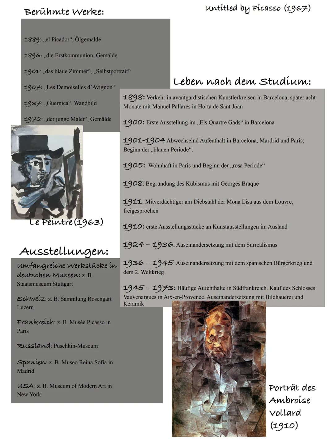 Picasso
Steckbrief:
Name: Pablo Picasso
Geboren: 25.Okt 1881
Gestorben: 8.Apr 1973
Land: Málaga, Spanien
Beruf: Maler, Graphiker, Bildhauer
