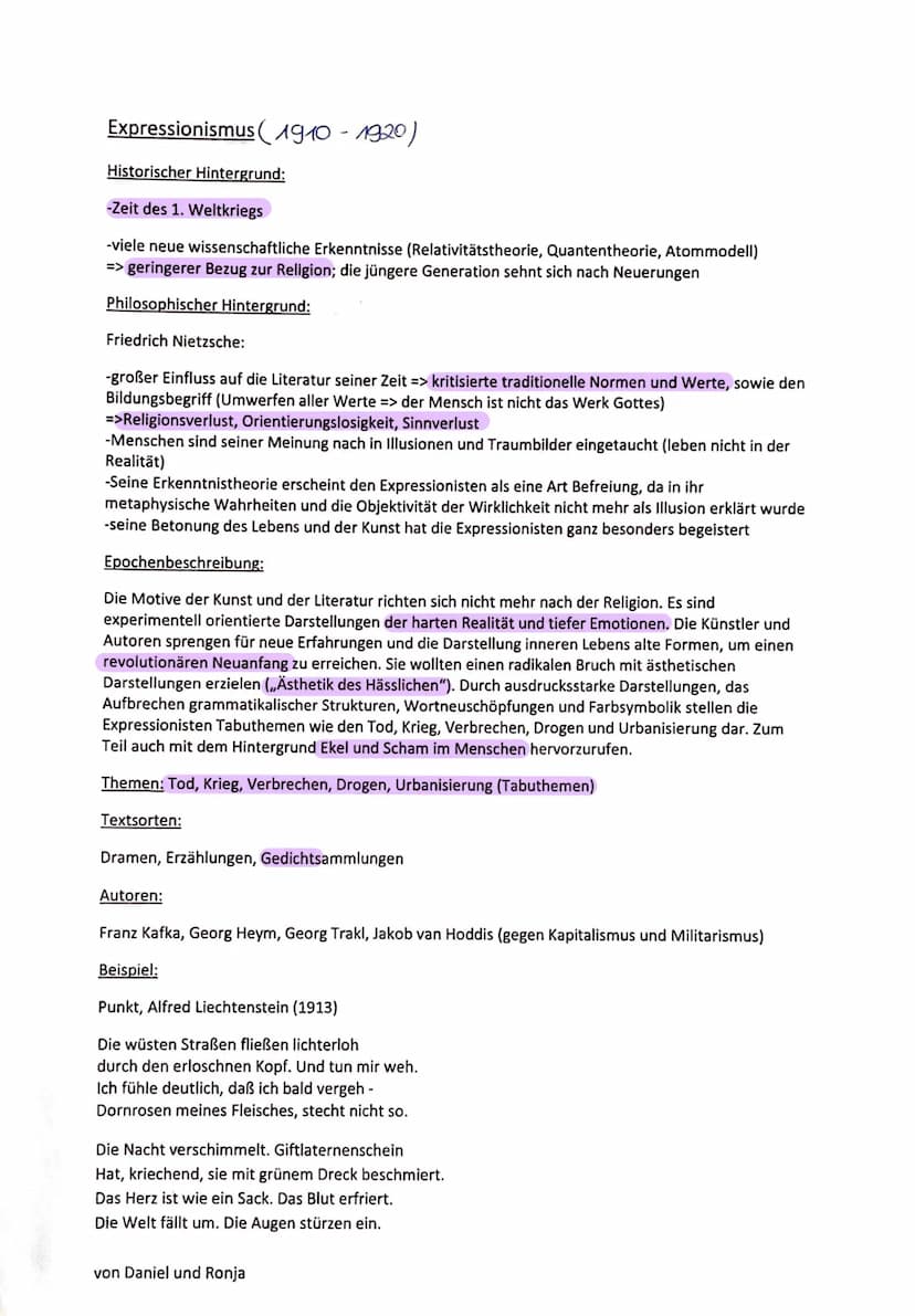 Expressionismus (1910-1920)
Historischer Hintergrund:
-Zeit des 1. Weltkriegs
-viele neue wissenschaftliche Erkenntnisse (Relativitätstheori