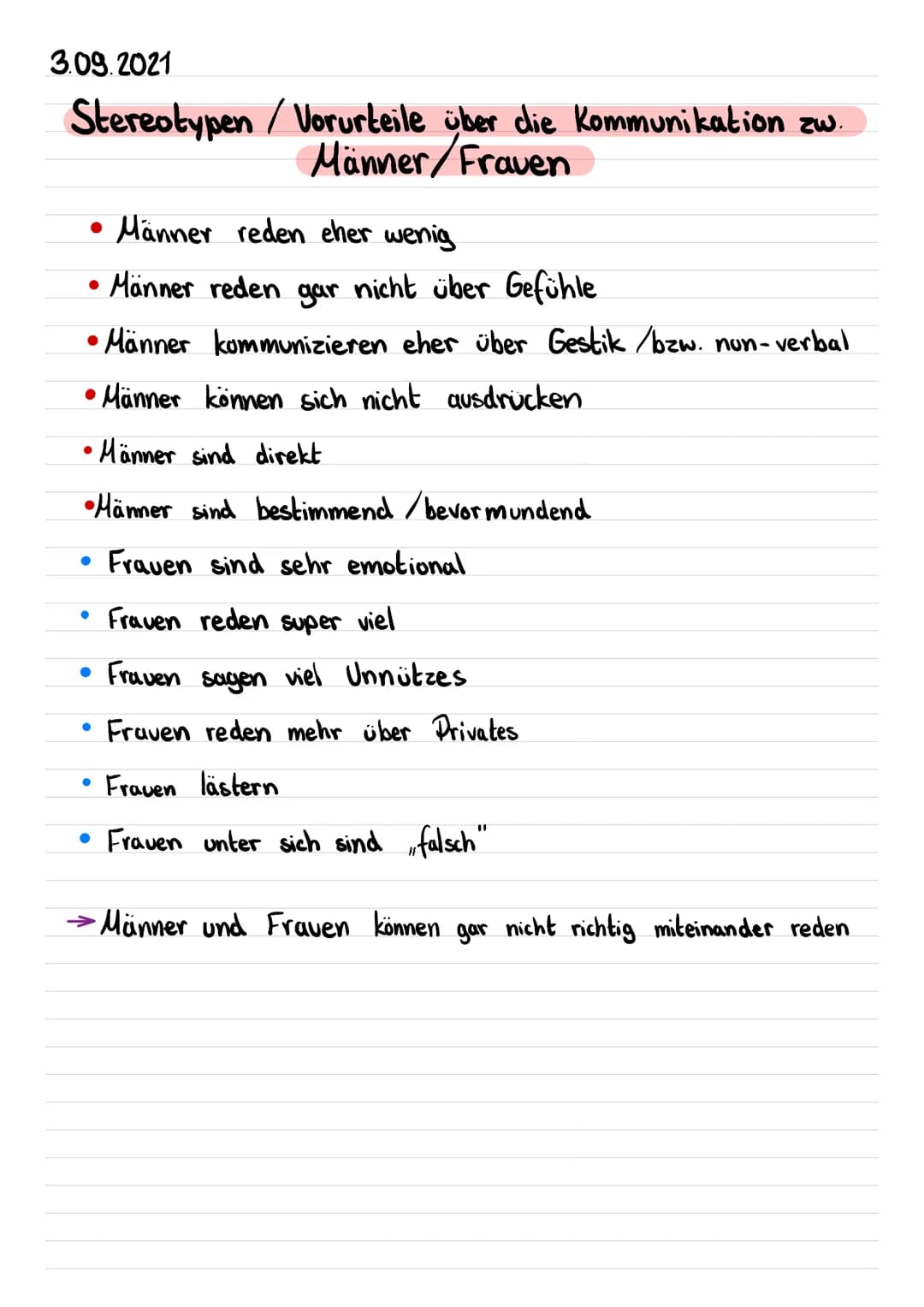 3.09.2021
Stereotypen / Vorurteile über die kommunikation zw
Männer Frauen
• Männer reden eher wenig
Männer reden gar nicht über Gefühle
• M