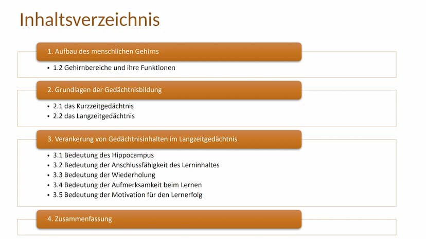Erinnern und
Gedächtnis Inhaltsverzeichnis
1. Aufbau des menschlichen Gehirns
●
2. Grundlagen der Gedächtnisbildung
2.1 das Kurzzeitgedächtn