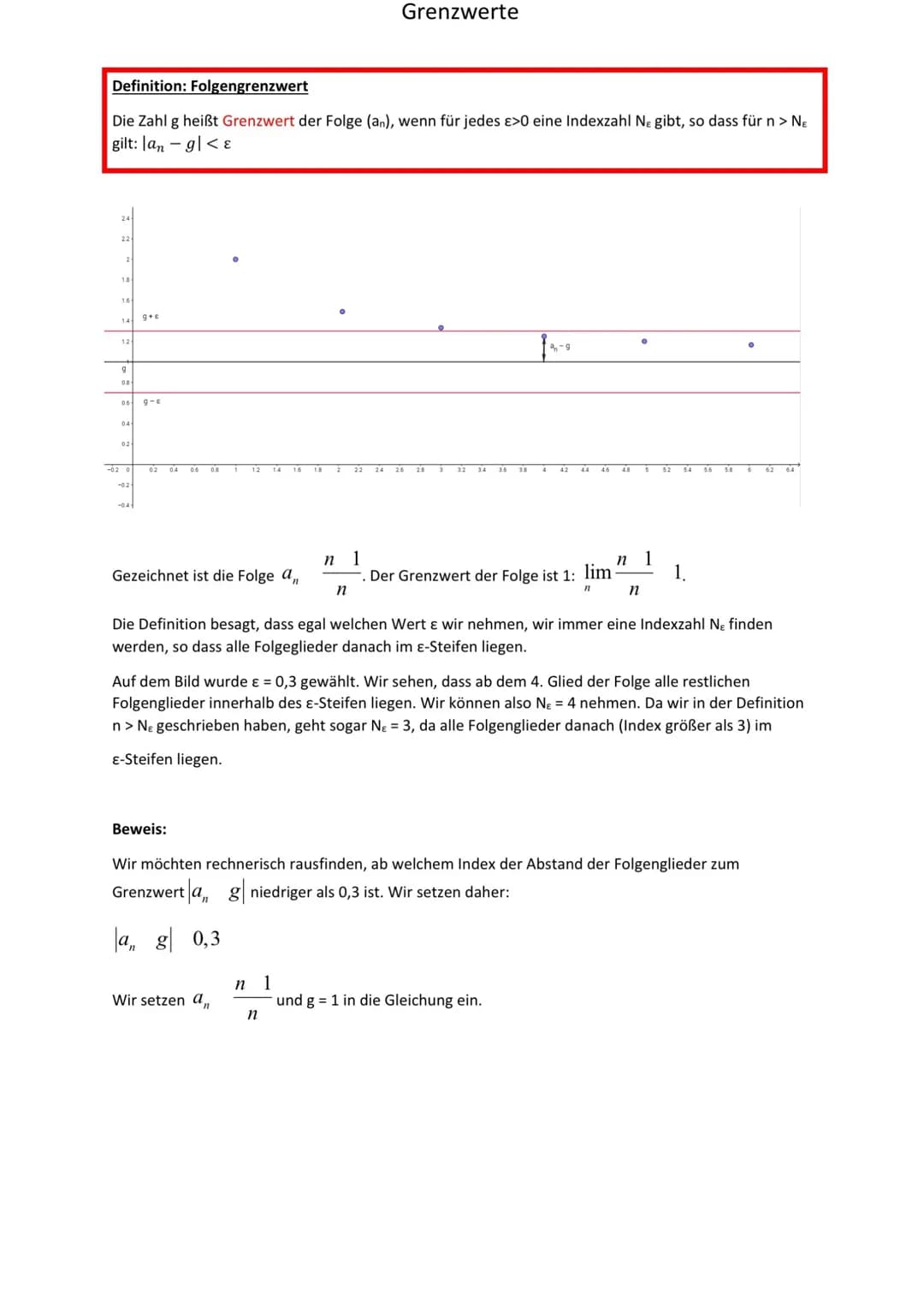 Definition: Folgengrenzwert
Die Zahl g heißt Grenzwert der Folge (an), wenn für jedes ε>0 eine Indexzahl Ne gibt, so dass für n > NE
gilt: l