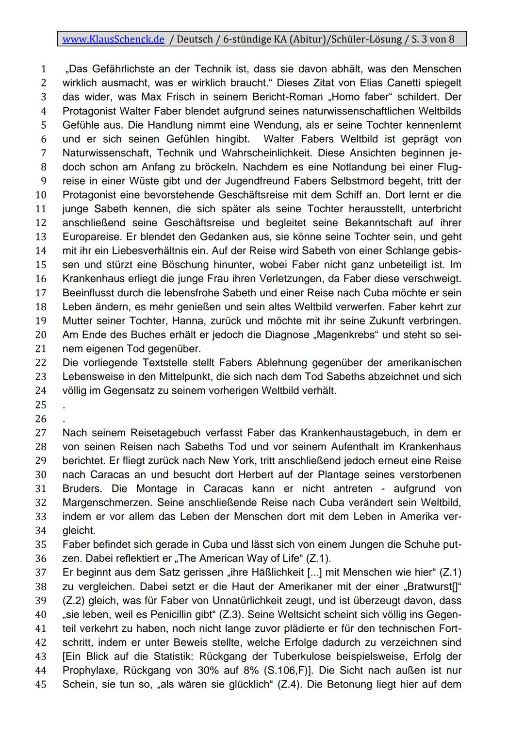 www.KlausSchenck.de / Deutsch / 6-stündige KA (Abitur)/Schüler-Lösung / S. 1 von 8
Klassenarbeitsaufbau
Einleitung
1. Zitat
2. Autor, Titel,